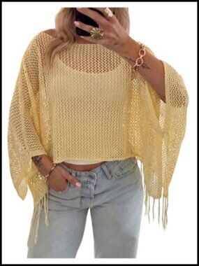 Hollow Out Crochet Poncho Sweater Fringe Tassel Cover Up